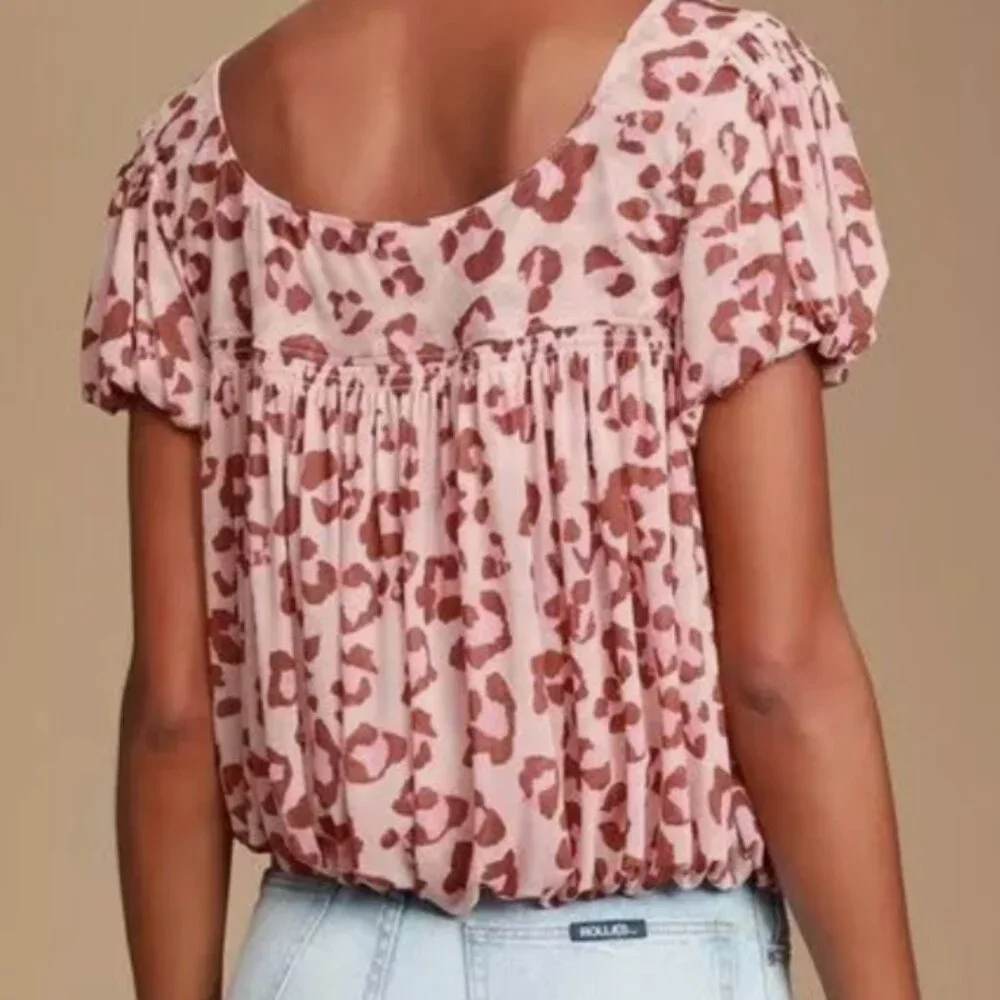 Free People Meg's Blouse Pink Leopard Cropped Mesh Pleated Safari Boho Chic M